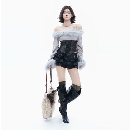 Trendy Off-Shoulder Faux Leather Trim Crop Top with Fluffy Lace-Up Detail