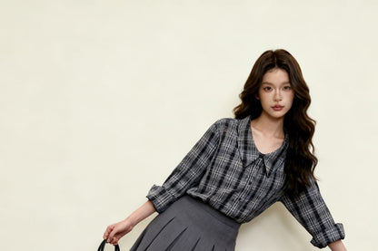 Elegant Plaid Collared Ruffle Hem Long-Sleeve Blouse