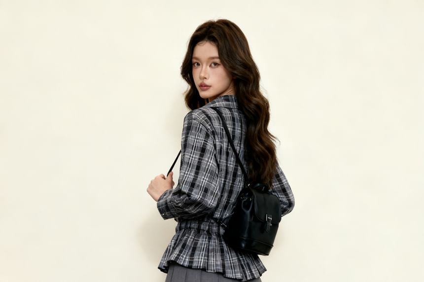 Elegant Plaid Collared Ruffle Hem Long-Sleeve Blouse