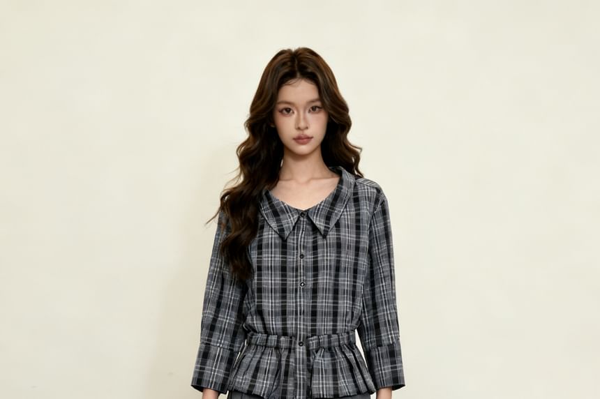 Elegant Plaid Collared Ruffle Hem Long-Sleeve Blouse