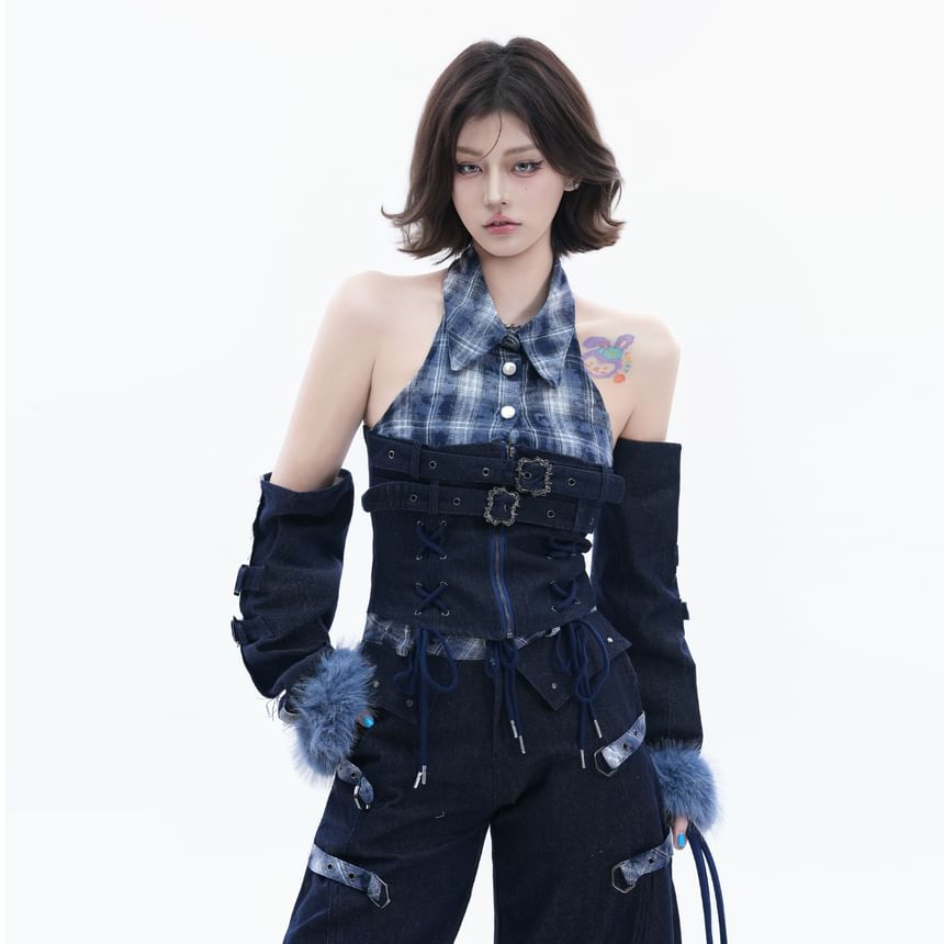 Stylish Halter Plaid Denim Crop Top Set with Belted Arm Sleeves