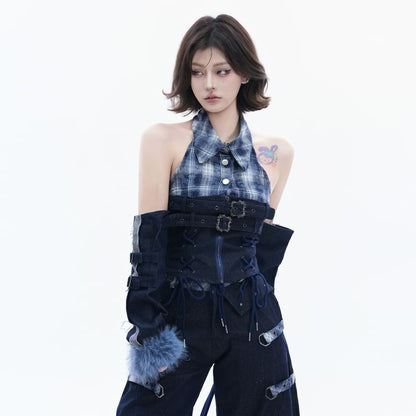 Stylish Halter Plaid Denim Crop Top Set with Belted Arm Sleeves