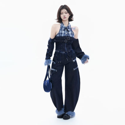 Stylish Halter Plaid Denim Crop Top Set with Belted Arm Sleeves
