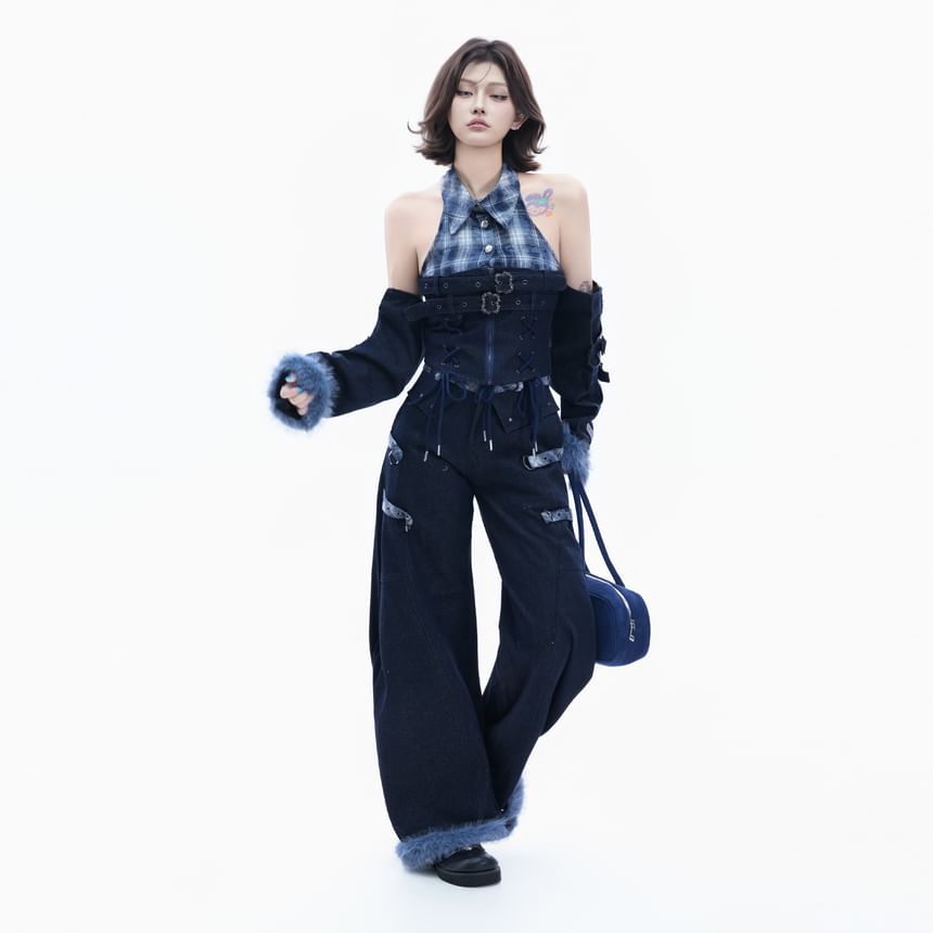 Stylish Halter Plaid Denim Crop Top Set with Belted Arm Sleeves