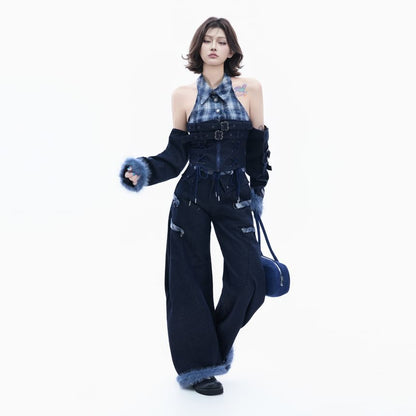 Stylish Halter Plaid Denim Crop Top Set with Belted Arm Sleeves