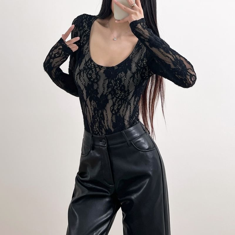 Lace-Trimmed Bodysuit Top with Scoop Neck and Long Sleeves