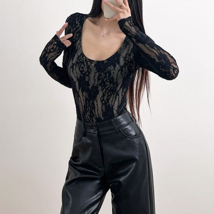 Lace-Trimmed Bodysuit Top with Scoop Neck and Long Sleeves