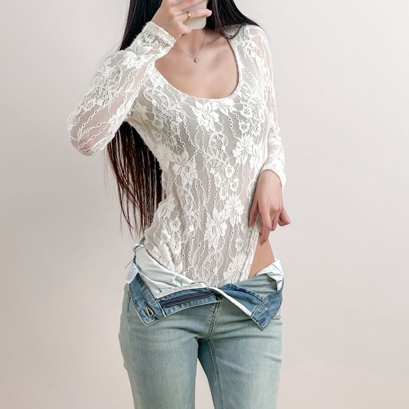 Lace-Trimmed Bodysuit Top with Scoop Neck and Long Sleeves