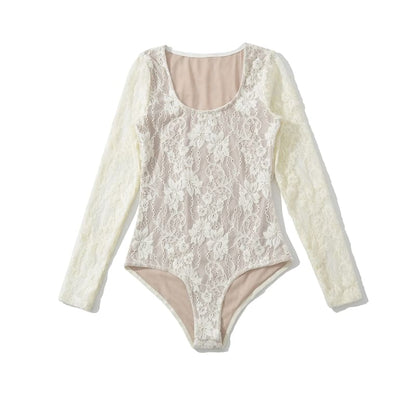 Lace-Trimmed Bodysuit Top with Scoop Neck and Long Sleeves