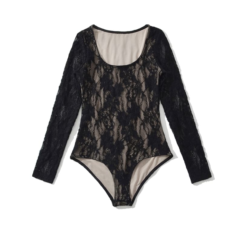 Lace-Trimmed Bodysuit Top with Scoop Neck and Long Sleeves