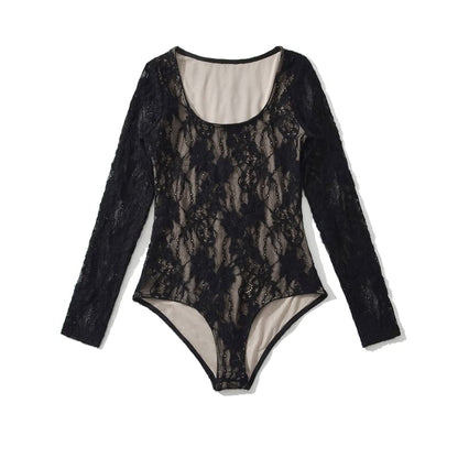 Lace-Trimmed Bodysuit Top with Scoop Neck and Long Sleeves
