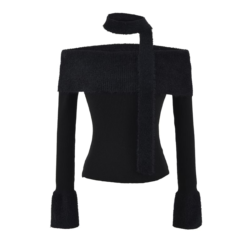 Crop Knit Top with Off-Shoulder Neckline and Long Sleeves