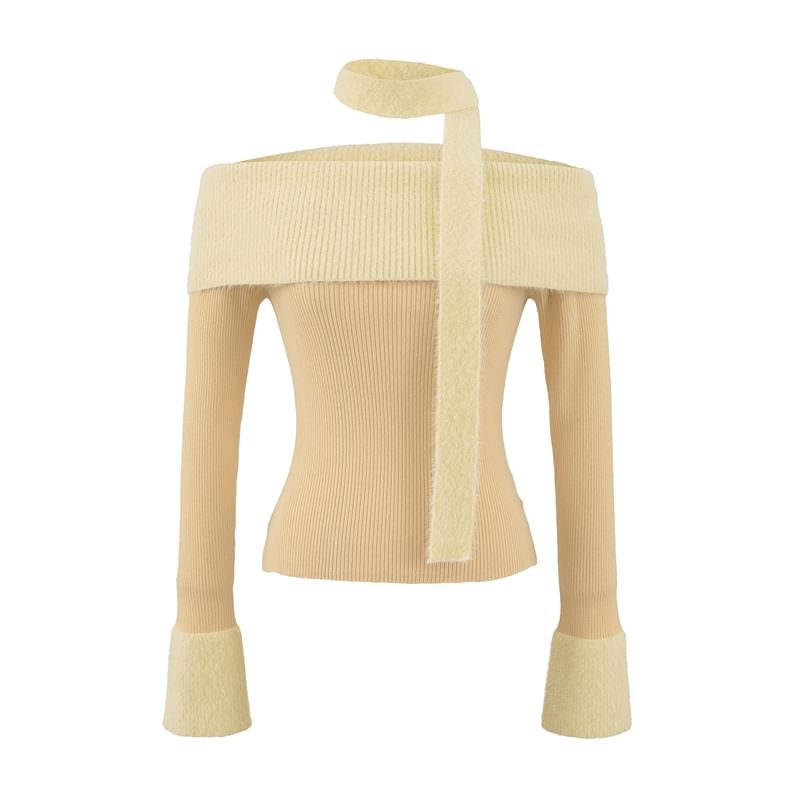 Crop Knit Top with Off-Shoulder Neckline and Long Sleeves
