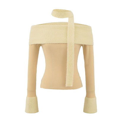 Crop Knit Top with Off-Shoulder Neckline and Long Sleeves