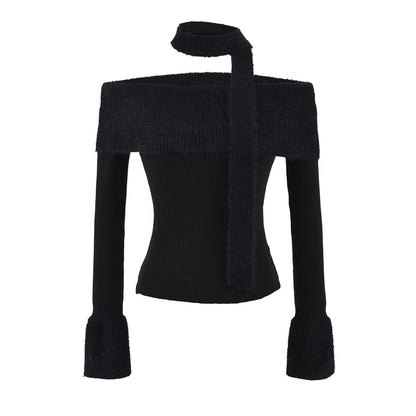 Crop Knit Top with Off-Shoulder Neckline and Long Sleeves