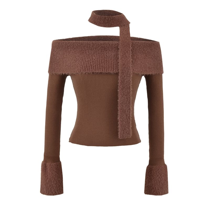 Crop Knit Top with Off-Shoulder Neckline and Long Sleeves