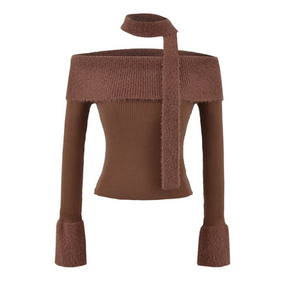 Crop Knit Top with Off-Shoulder Neckline and Long Sleeves