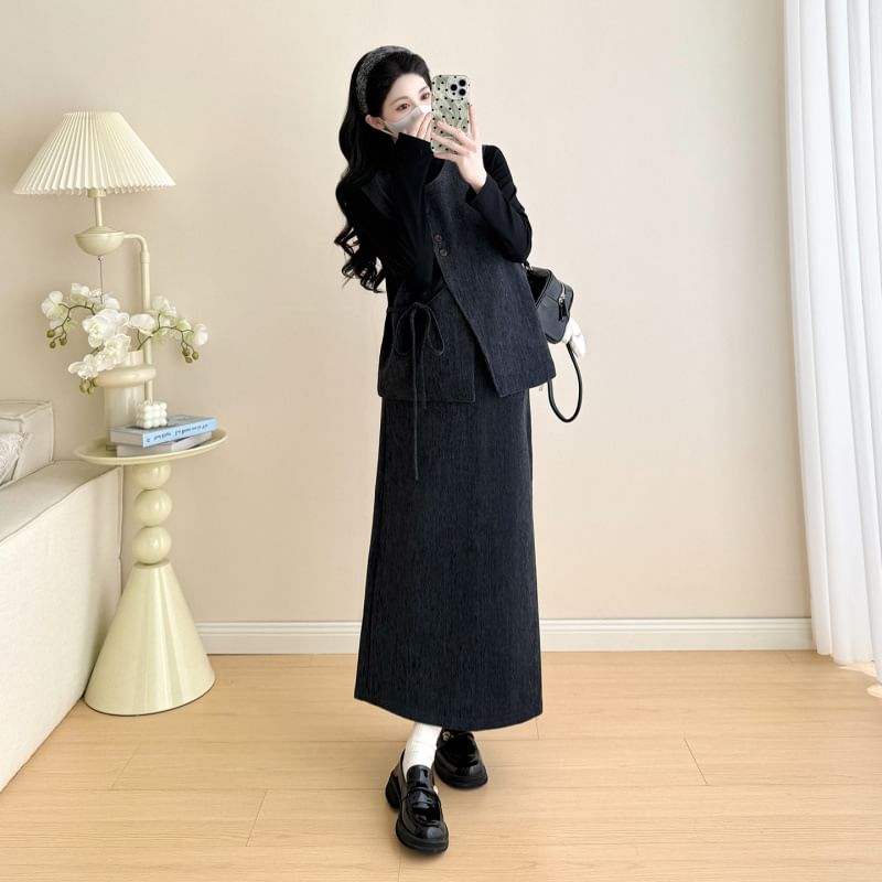 Maternity Melange Vest with Midi Skirt and Mock Neck Top Set
