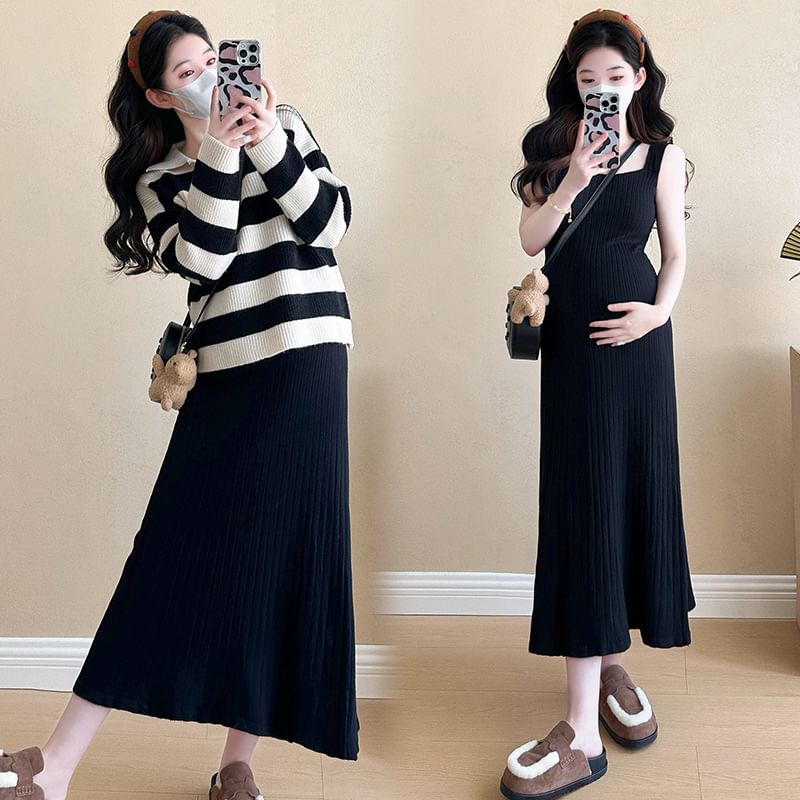 Maternity Striped Sweater and Sleeveless Square Neck Midi Dress Set