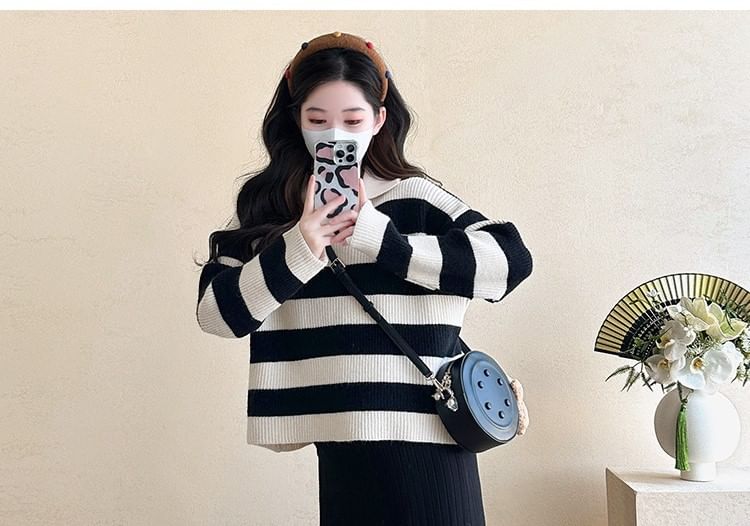 Maternity Striped Sweater and Sleeveless Square Neck Midi Dress Set