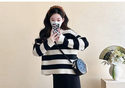 Maternity Striped Sweater and Sleeveless Square Neck Midi Dress Set