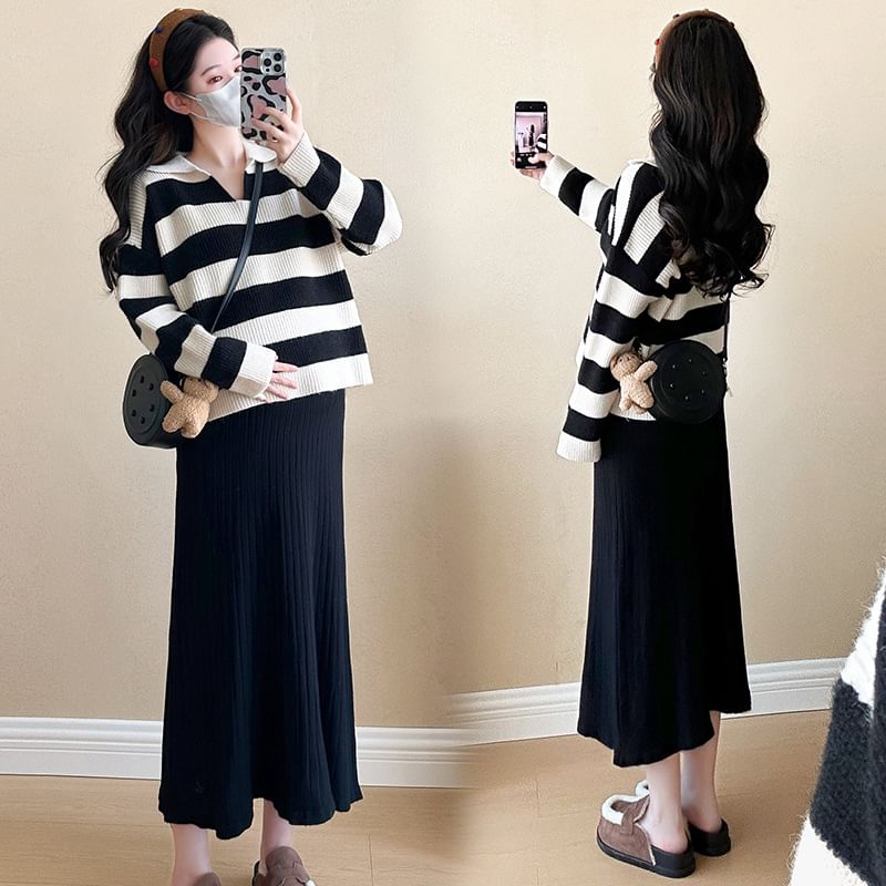 Maternity Striped Sweater and Sleeveless Square Neck Midi Dress Set