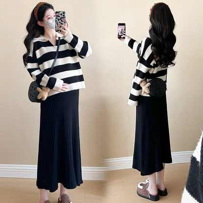 Maternity Striped Sweater and Sleeveless Square Neck Midi Dress Set