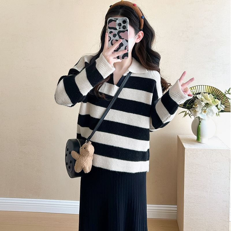 Maternity Striped Sweater and Sleeveless Square Neck Midi Dress Set