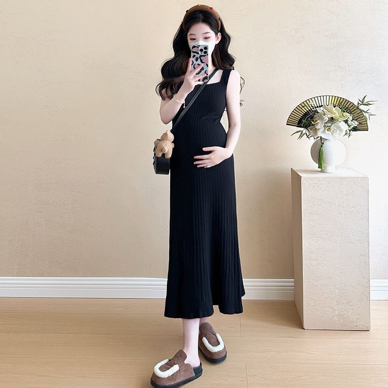 Maternity Striped Sweater and Sleeveless Square Neck Midi Dress Set