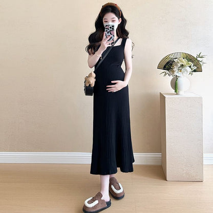 Maternity Striped Sweater and Sleeveless Square Neck Midi Dress Set