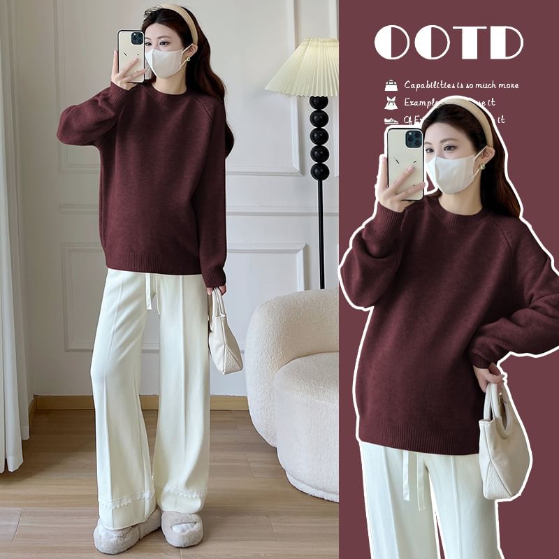 Maternity Crew Neck Raglan Sweater with Drawstring Waist Loose Pants