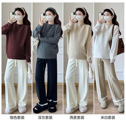 Maternity Crew Neck Raglan Sweater with Drawstring Waist Loose Pants