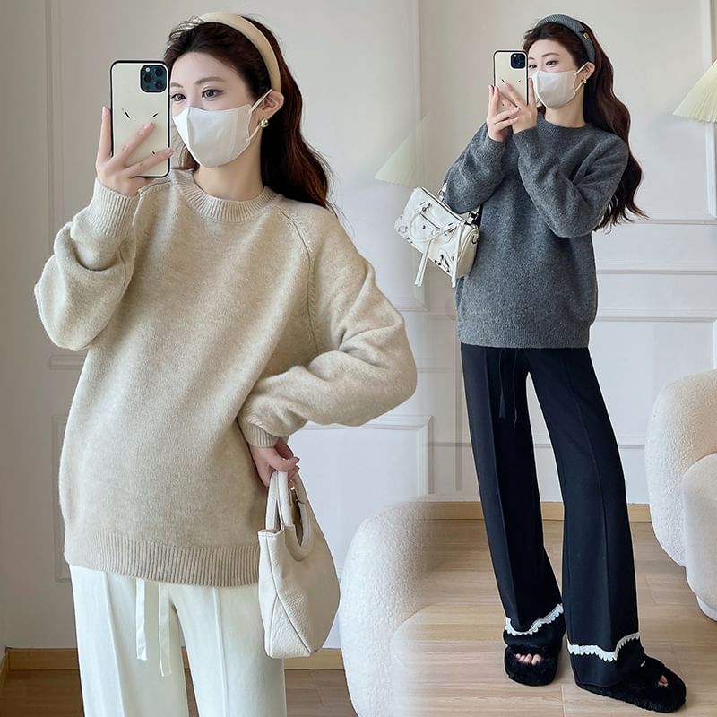 Maternity Crew Neck Raglan Sweater with Drawstring Waist Loose Pants
