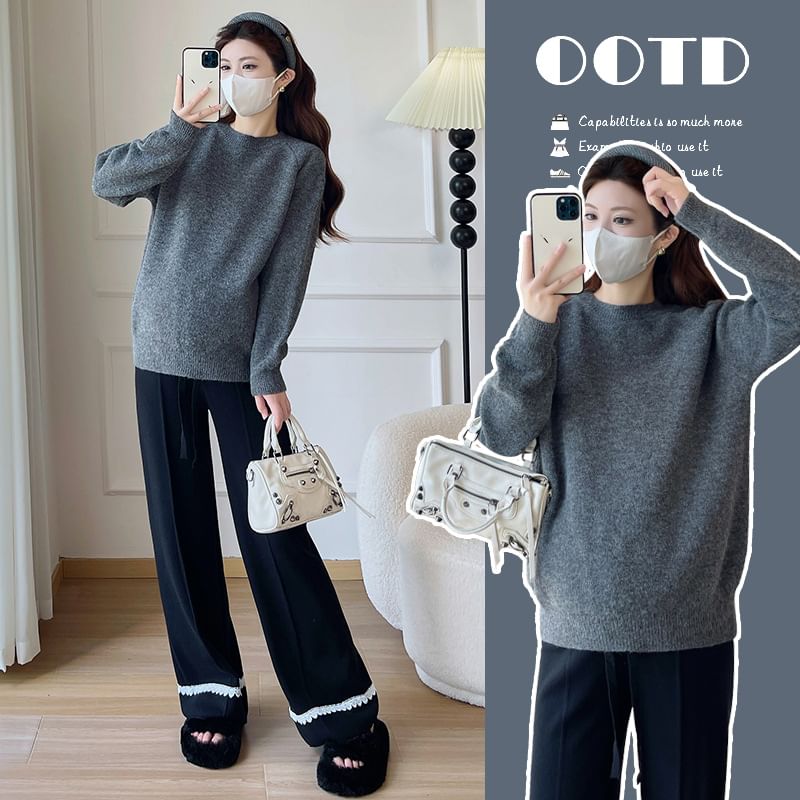 Maternity Crew Neck Raglan Sweater with Drawstring Waist Loose Pants
