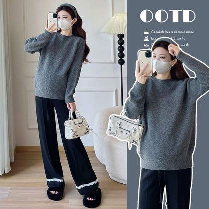 Maternity Crew Neck Raglan Sweater with Drawstring Waist Loose Pants