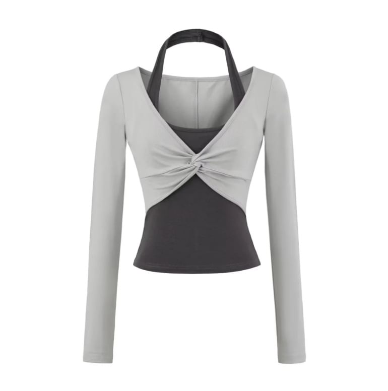 Halter Mock Two-Piece Crop Top with Long Sleeves