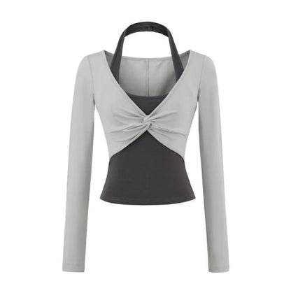 Halter Mock Two-Piece Crop Top with Long Sleeves