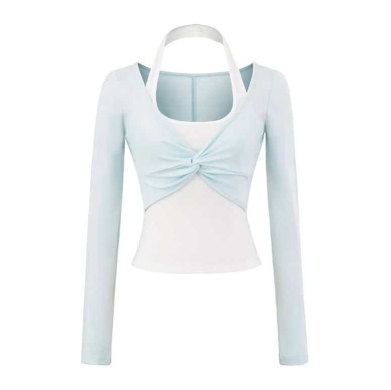 Halter Mock Two-Piece Crop Top with Long Sleeves