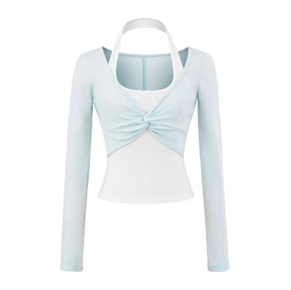 Halter Mock Two-Piece Crop Top with Long Sleeves