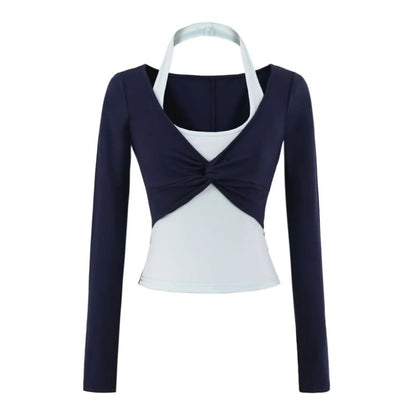 Halter Mock Two-Piece Crop Top with Long Sleeves