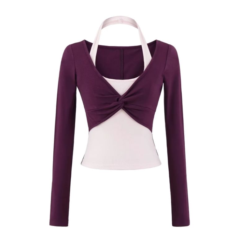 Halter Mock Two-Piece Crop Top with Long Sleeves
