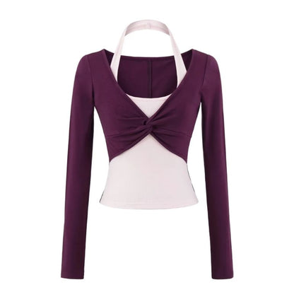 Halter Mock Two-Piece Crop Top with Long Sleeves