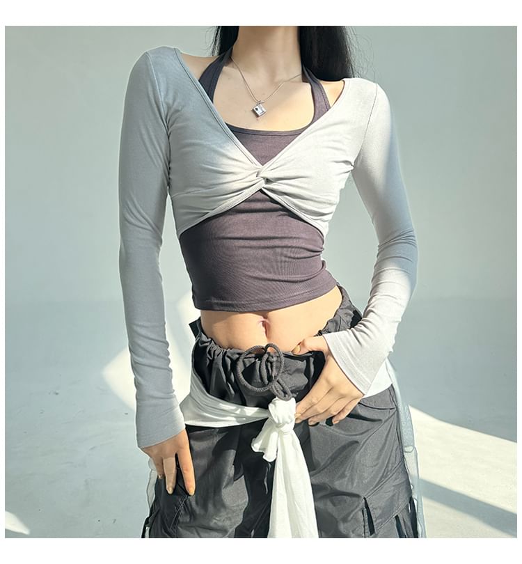 Halter Mock Two-Piece Crop Top with Long Sleeves