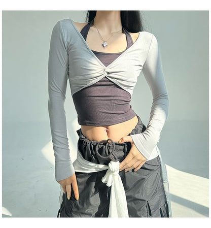 Halter Mock Two-Piece Crop Top with Long Sleeves