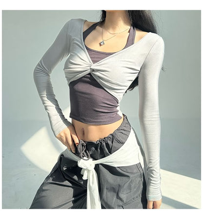 Halter Mock Two-Piece Crop Top with Long Sleeves