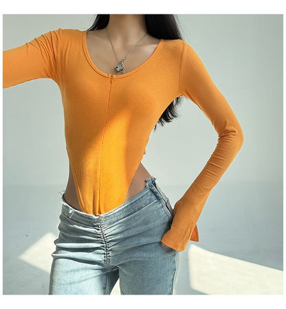 Scoop Neck Bodysuit Top with Half Zip and Long Sleeves