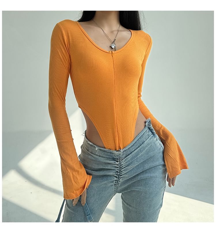 Scoop Neck Bodysuit Top with Half Zip and Long Sleeves