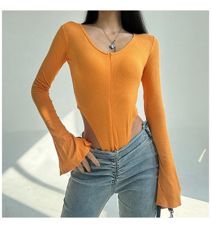 Scoop Neck Bodysuit Top with Half Zip and Long Sleeves