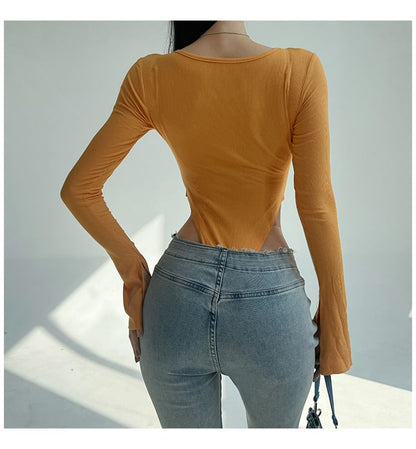 Scoop Neck Bodysuit Top with Half Zip and Long Sleeves
