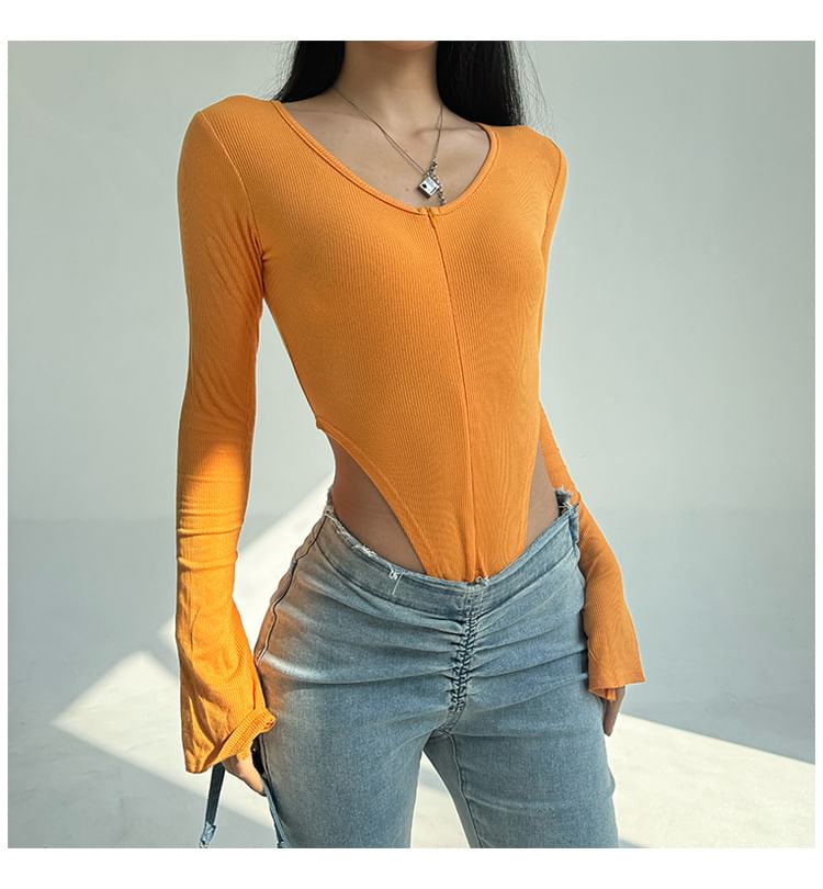 Scoop Neck Bodysuit Top with Half Zip and Long Sleeves